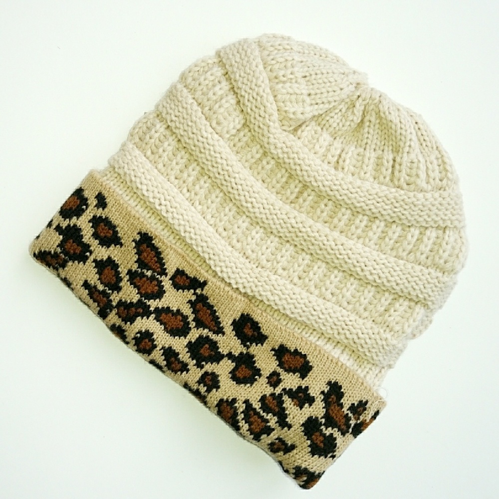 LAST ONE! Leopard Cheetah Animal Print Trim Knit Beanie Hat - Picture 5 of 5